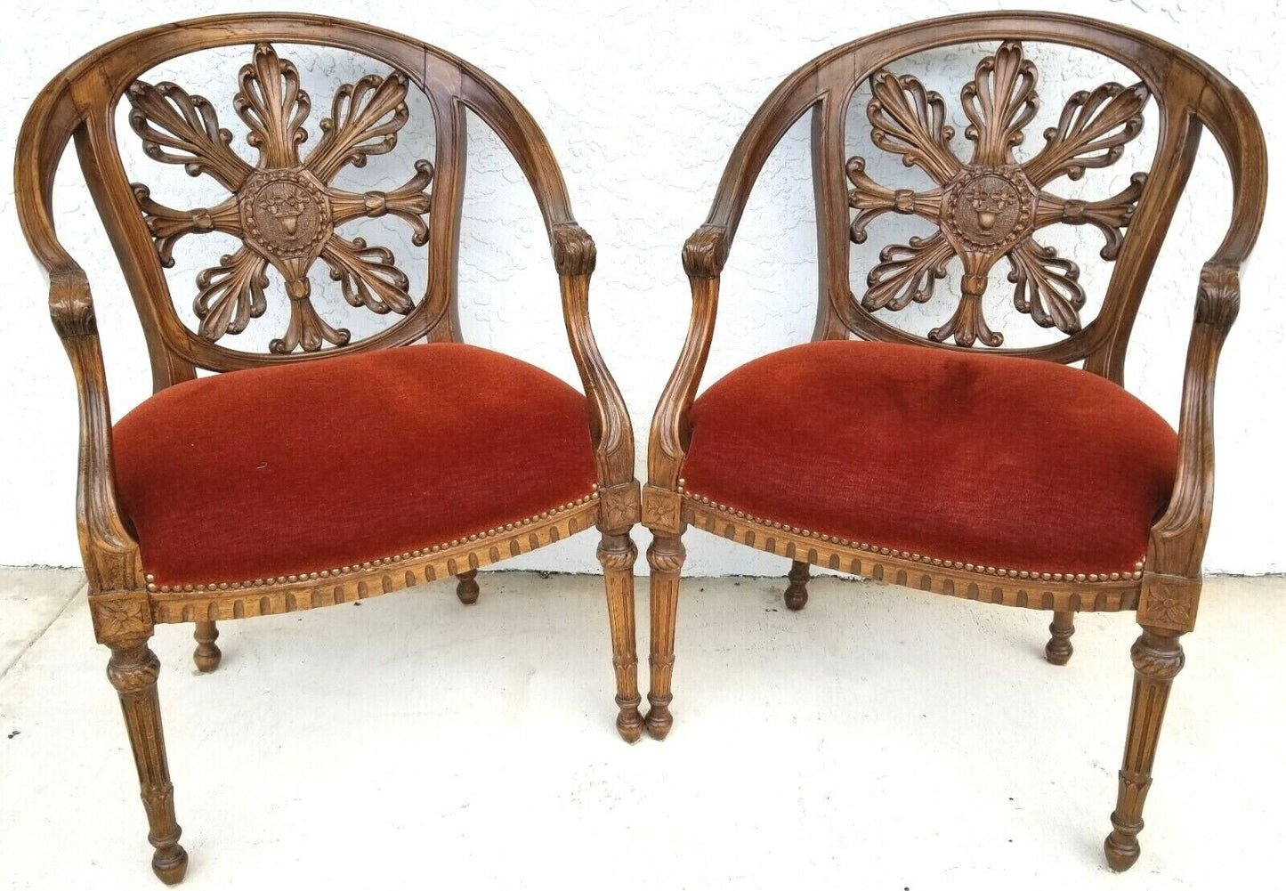 Pair of Antique Hand Carved Walnut French Provincial Accent Statement Armchairs