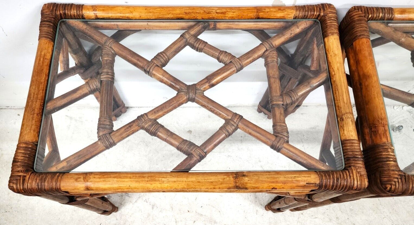 Vintage French Bamboo Rattan Glass Side Tables 1960s - A Pair