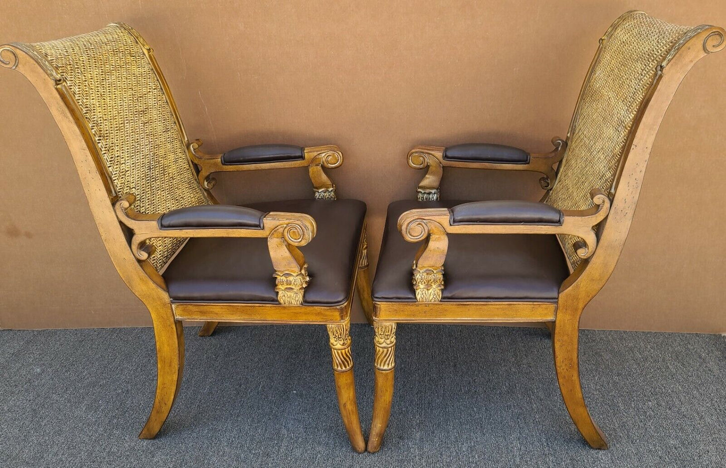 2 HOOKER Neoclassical Wood Leather Herringbone Wicker Accent Dining Desk Chairs