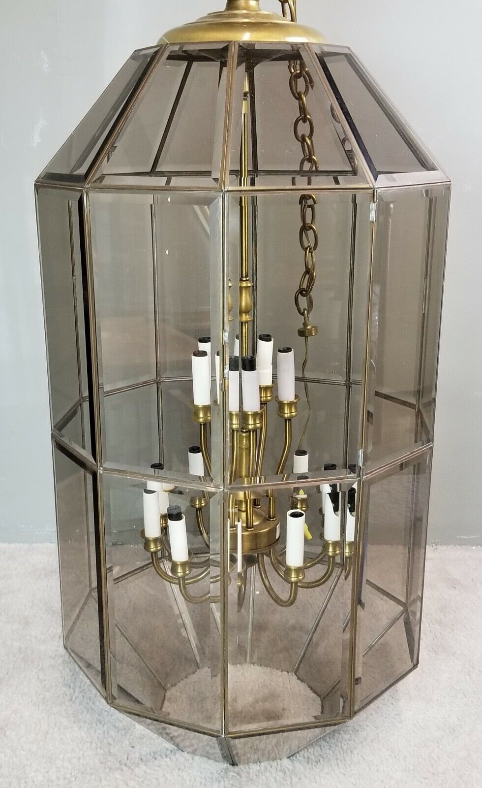 Glass & Brass Light Pendant Chandelier Beveled Leaded Clear
