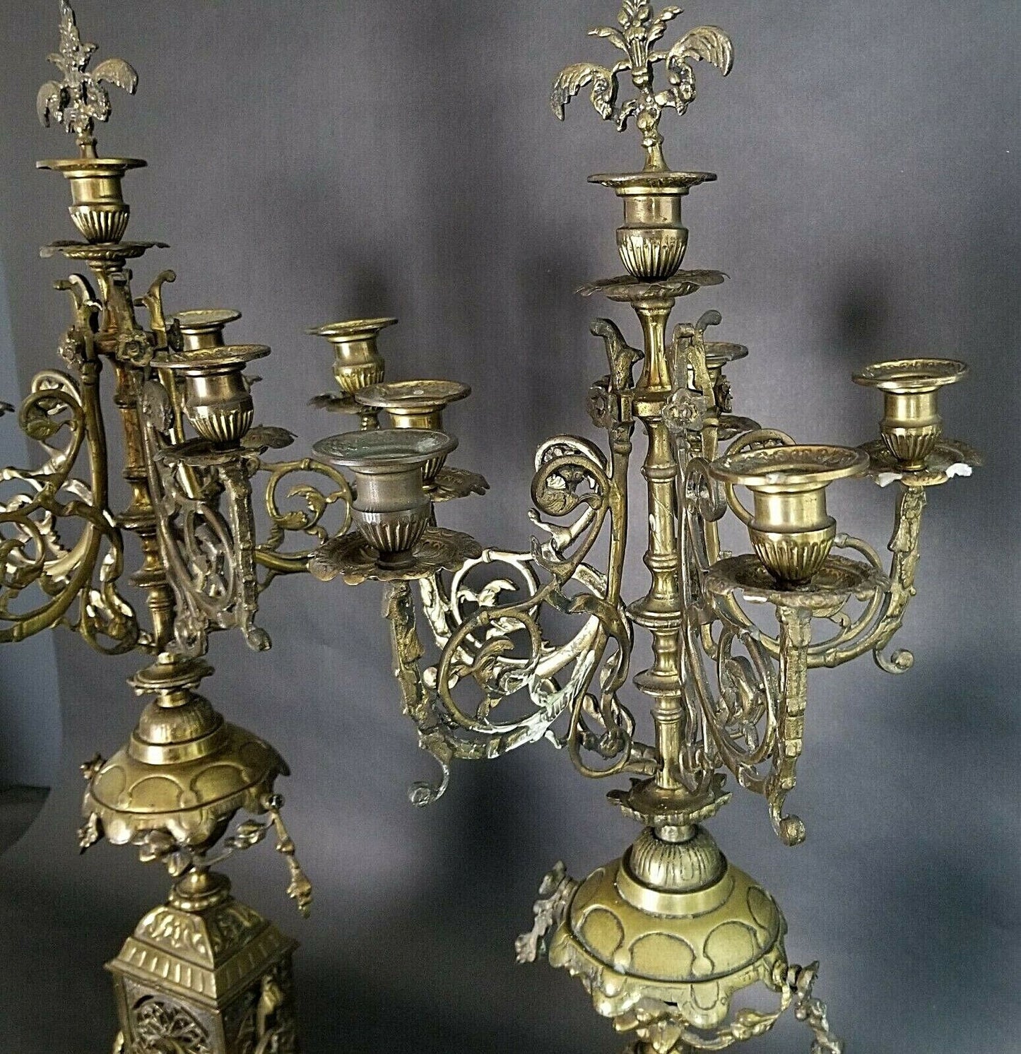 (2) Antique Italian Ornate Bronze French Louis XV Rococo 6 Point Candelabras