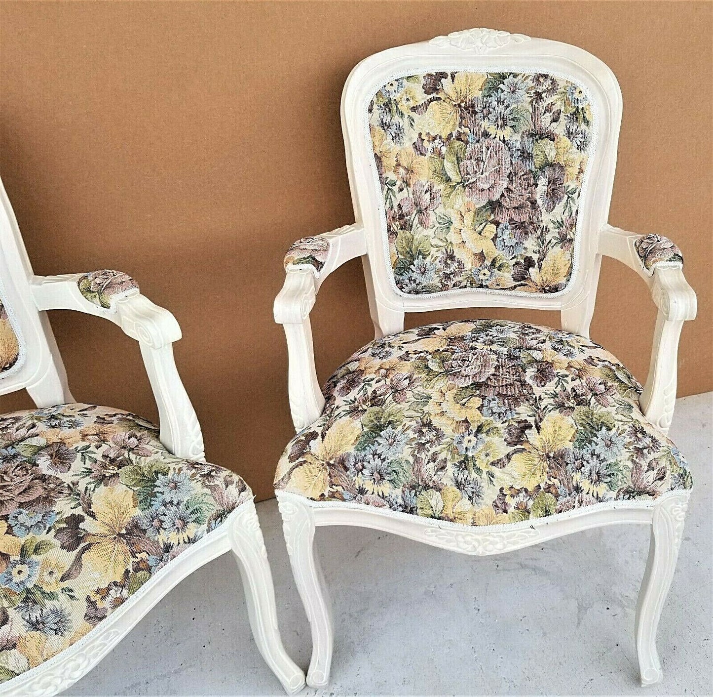 (2) Vintage Shabby Chic French Provincial Pearled Fauteuil Floral Tapestry Armchairs