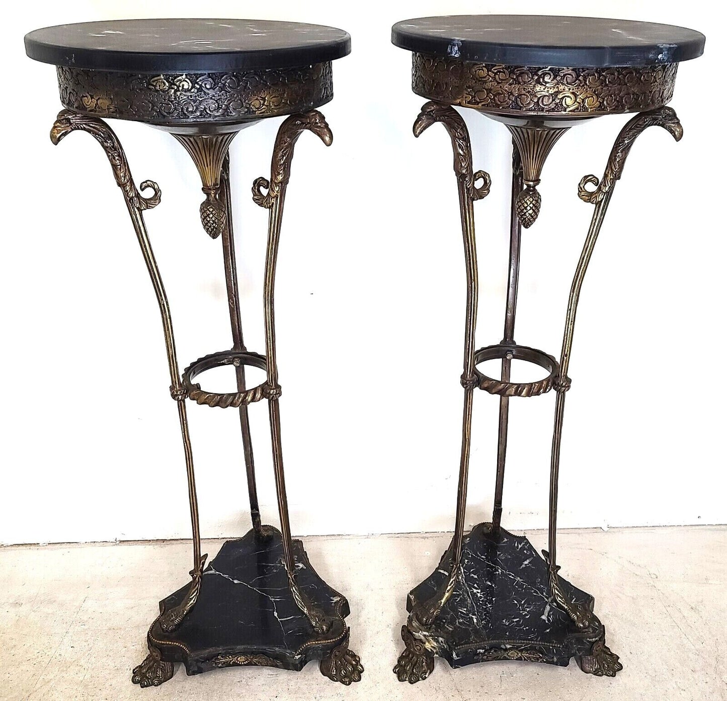 Antique Grand Entrance Italian Brass Griffins & Marble Display Stands - A Pair