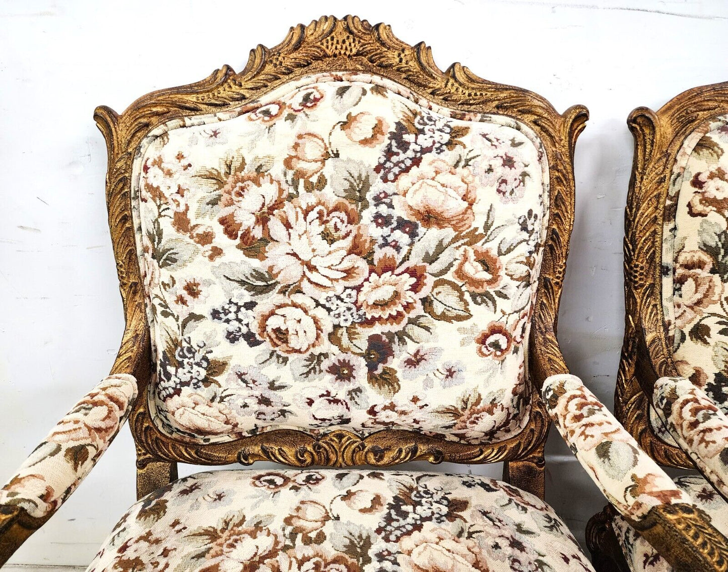French Louis XV Rococo Giltwood Fauteuil Oversized Armchairs - a Pair