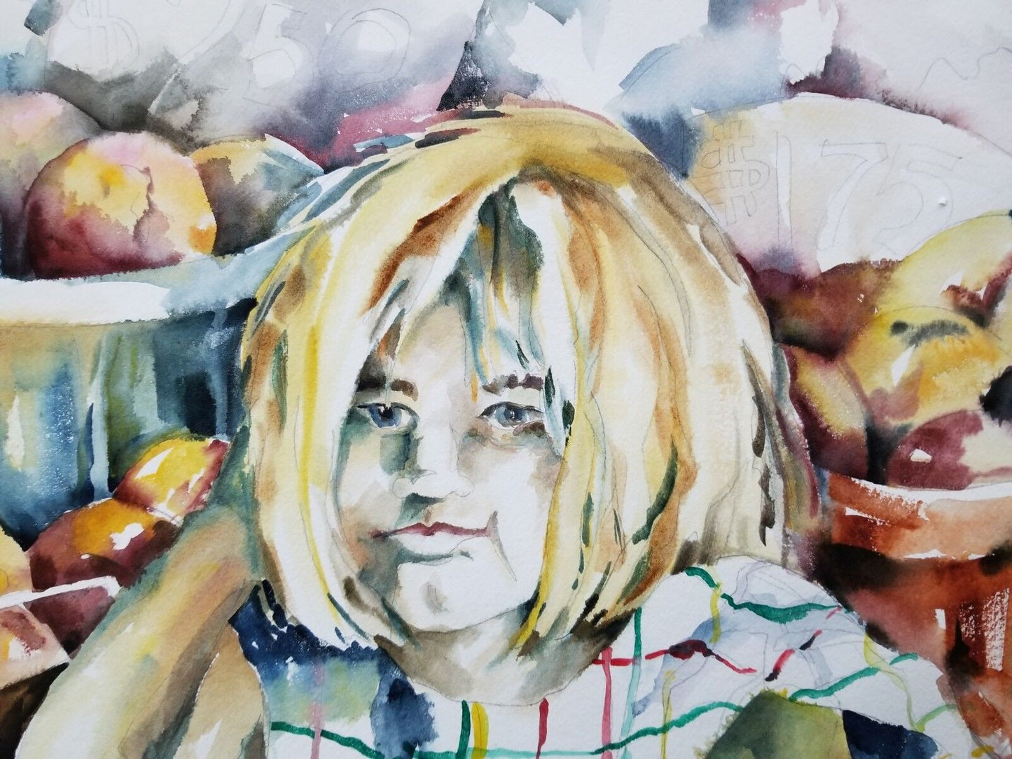 Large Original Watercolor Painting of Girl Selling Fruit Vegetables 30" x 22"