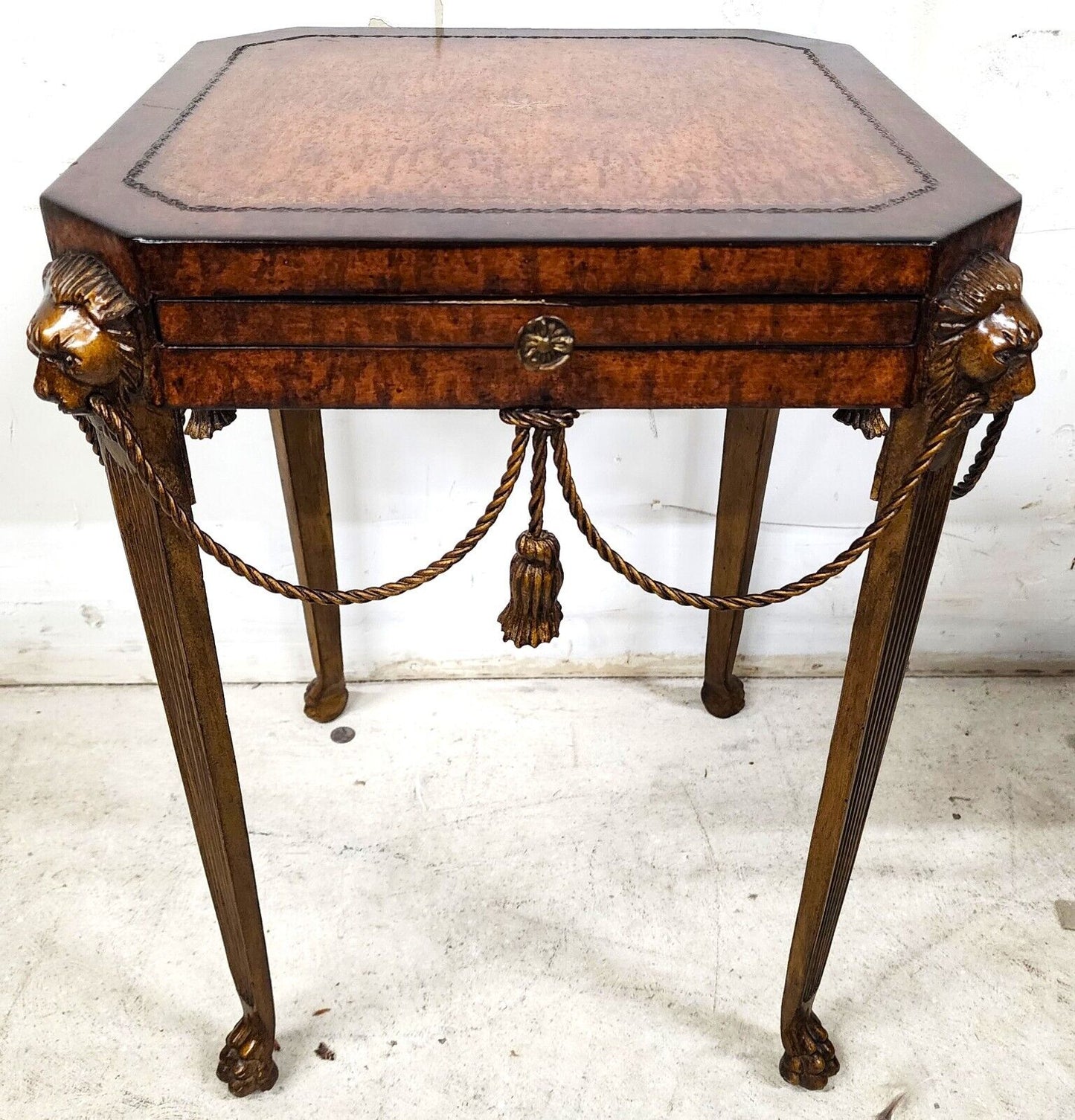 Maitland Smith Style Bronze Lions Rope & Tassel Side Drink Table