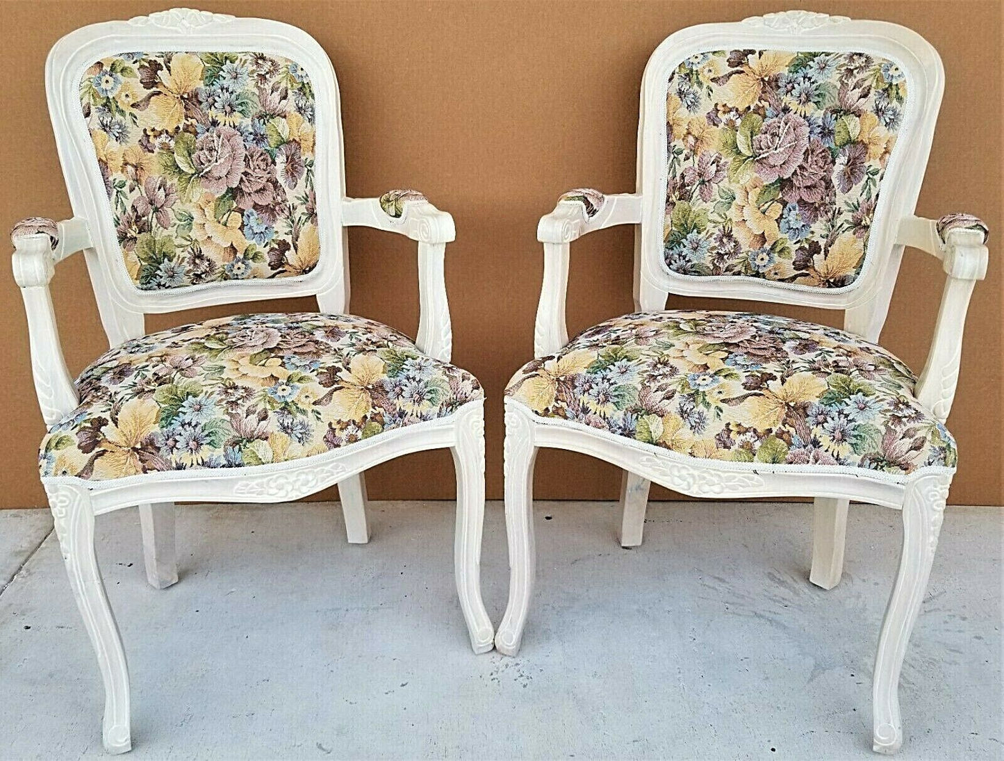 (2) Vintage Shabby Chic French Provincial Pearled Fauteuil Floral Tapestry Armchairs