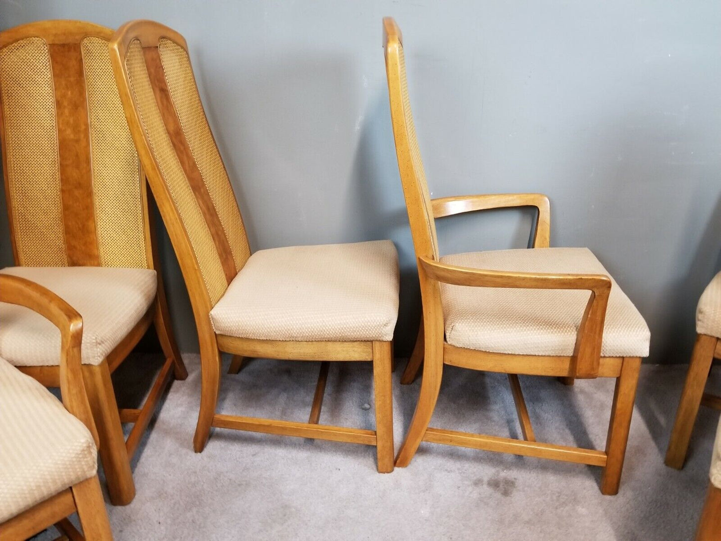 Set of (6) MCM UNIVERSAL FURNITURE Cane + Burl Splat Back Dining Chairs