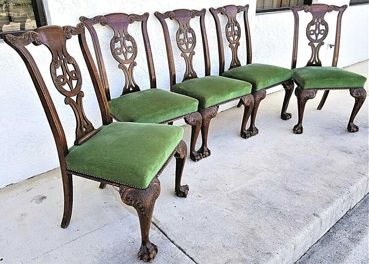 Set of 5 1800's English Oak Hand Carved Ball Claw Chippendale Dining Chairs