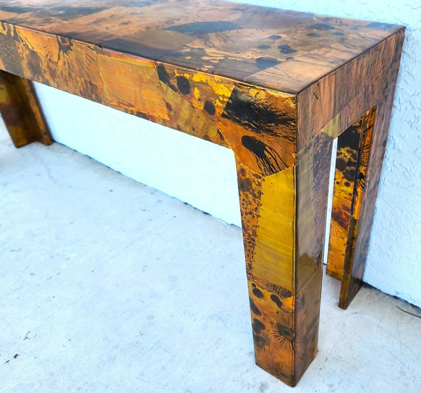 1970s Brutalist Copper Patchwork Console Table - Style of Paul Evans
