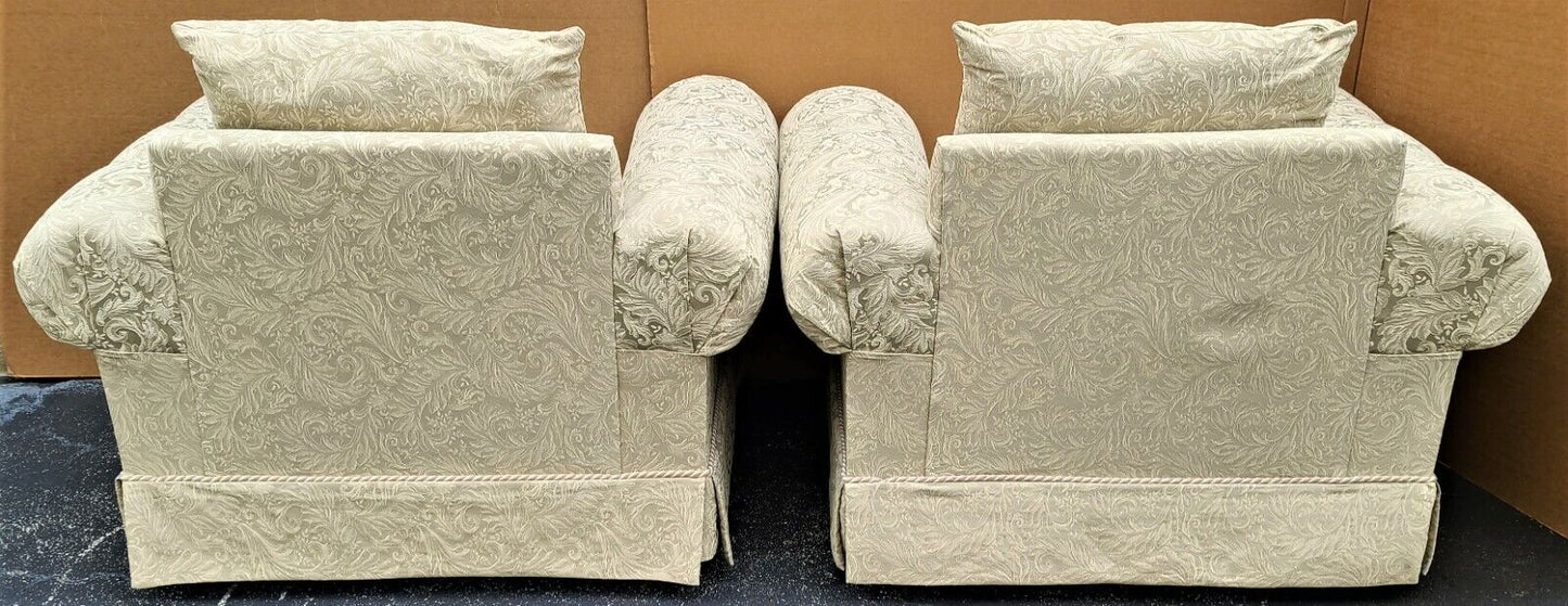 Pair of BARCLAY Tufted Roll Arm Oversized Damask Upholstered Lounge Club Chairs