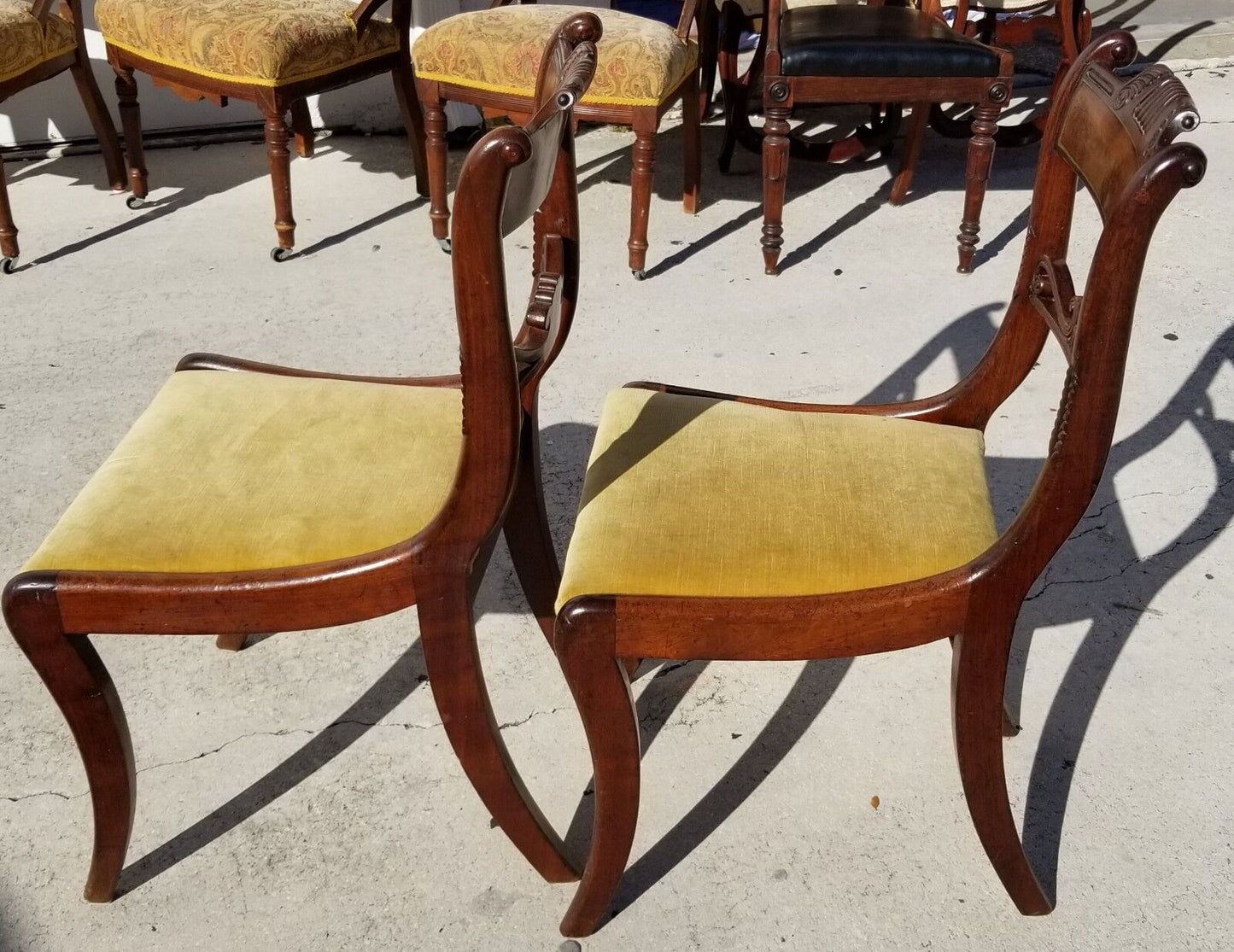 (1) ONLY William IV ca 1830 Hand Carved Mahogany Chairs Burl Bar Back Brass Inlay