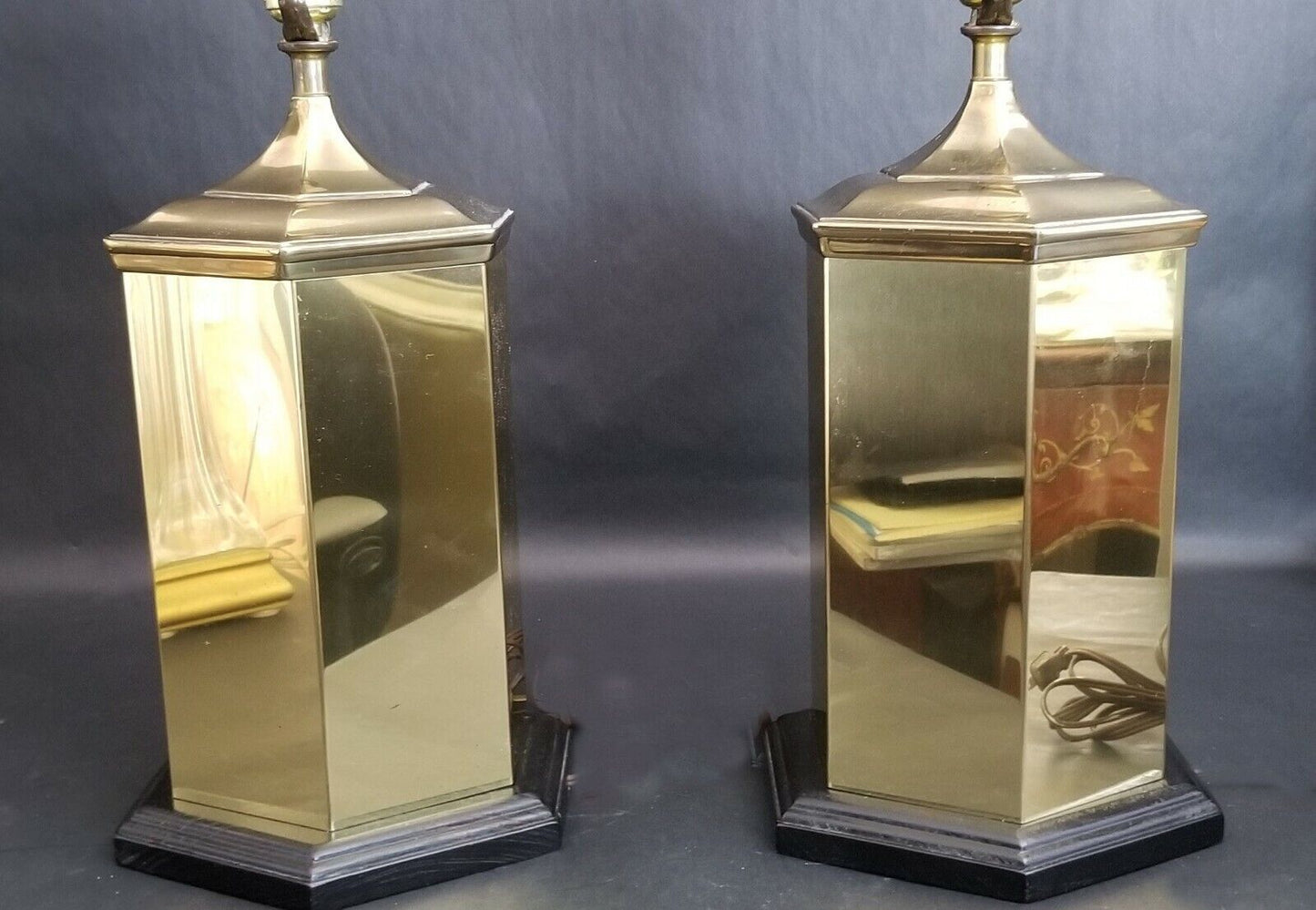 (2) Vintage Brass Asian Chinoiserie Hexagon Cannister Ginger Jar Table Lamps