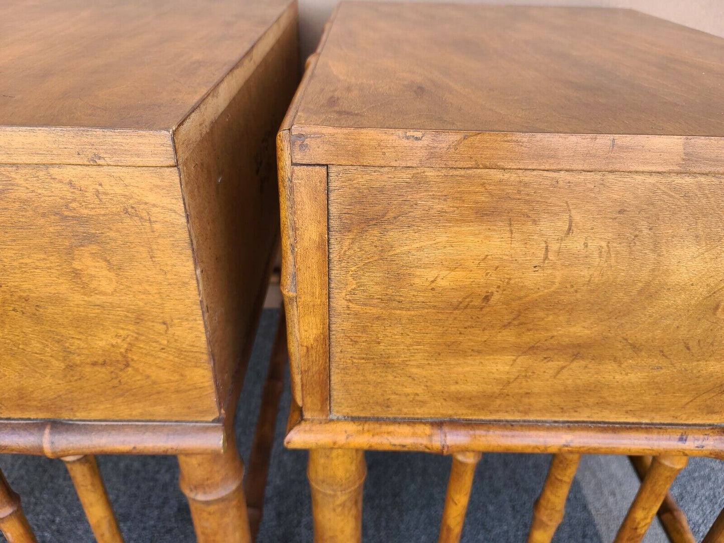 (2) MCM American of Martinsville Side End Tables Nightstands Wicker Faux Bamboo