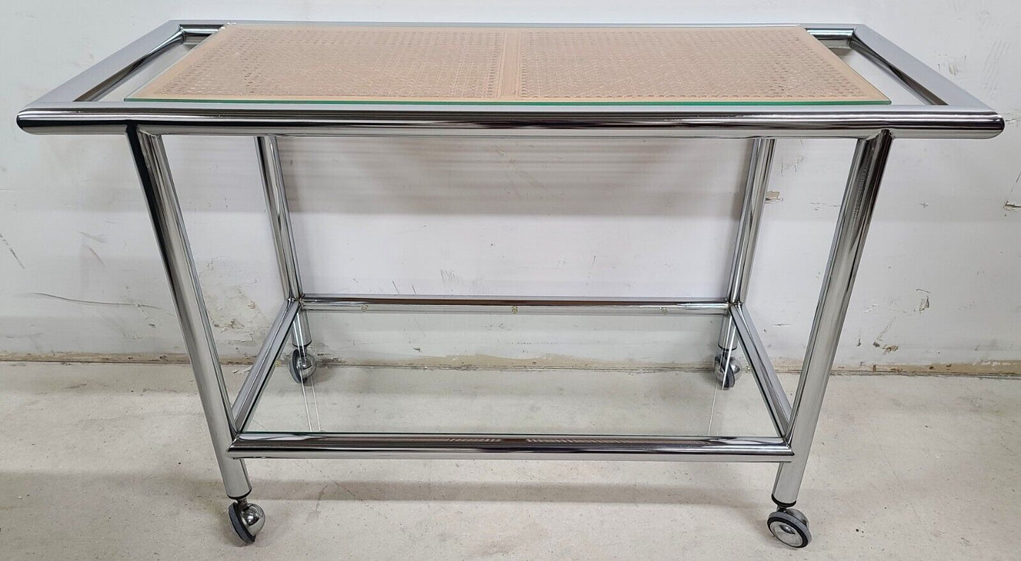 MCM 1970s Chrome Wicker Glass Rolling Bar Serving Cart
