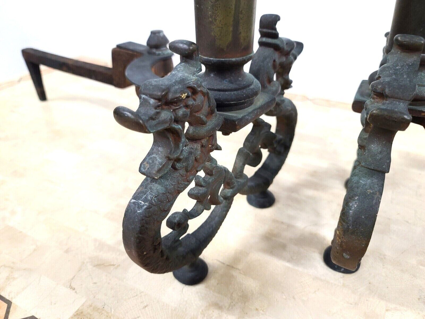 Antique Brass Dragons Fireplace Andirons - a Pair