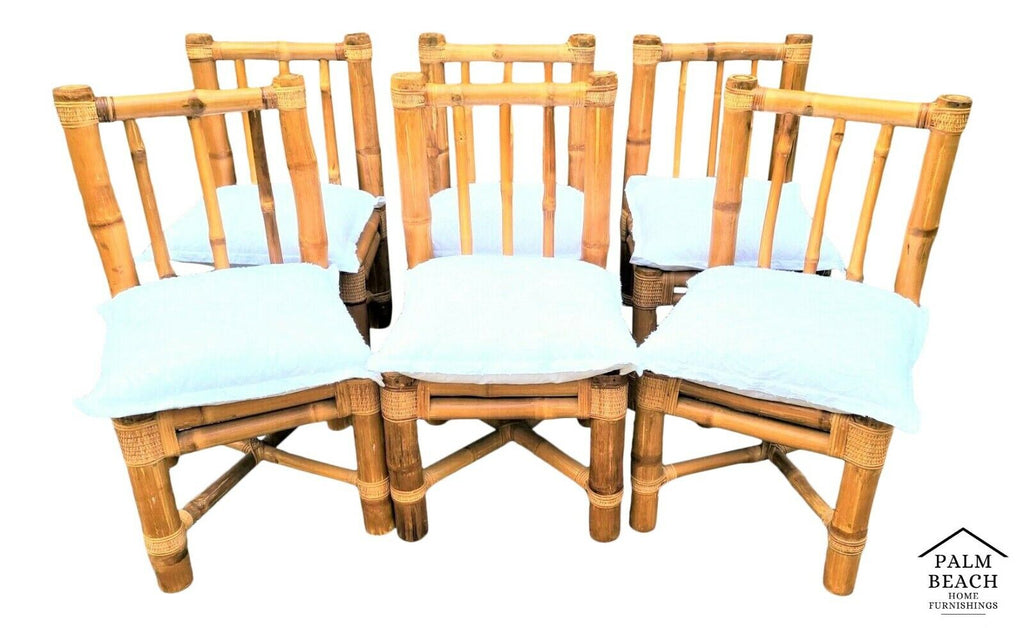 (6) Vintage Elephant Bamboo Rattan Wicker Dining Chairs with Cushions by HEINSA