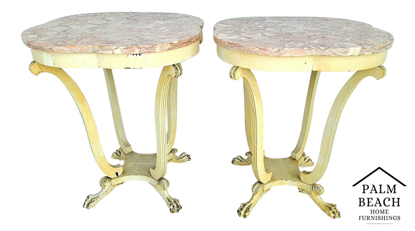 Tall Antique Louis XV Style Claw Footed Marble Side Tables Nightstands - A Pair