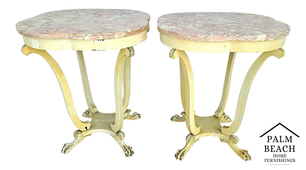 Tall Antique Louis XV Style Claw Footed Marble Side Tables Nightstands - A Pair