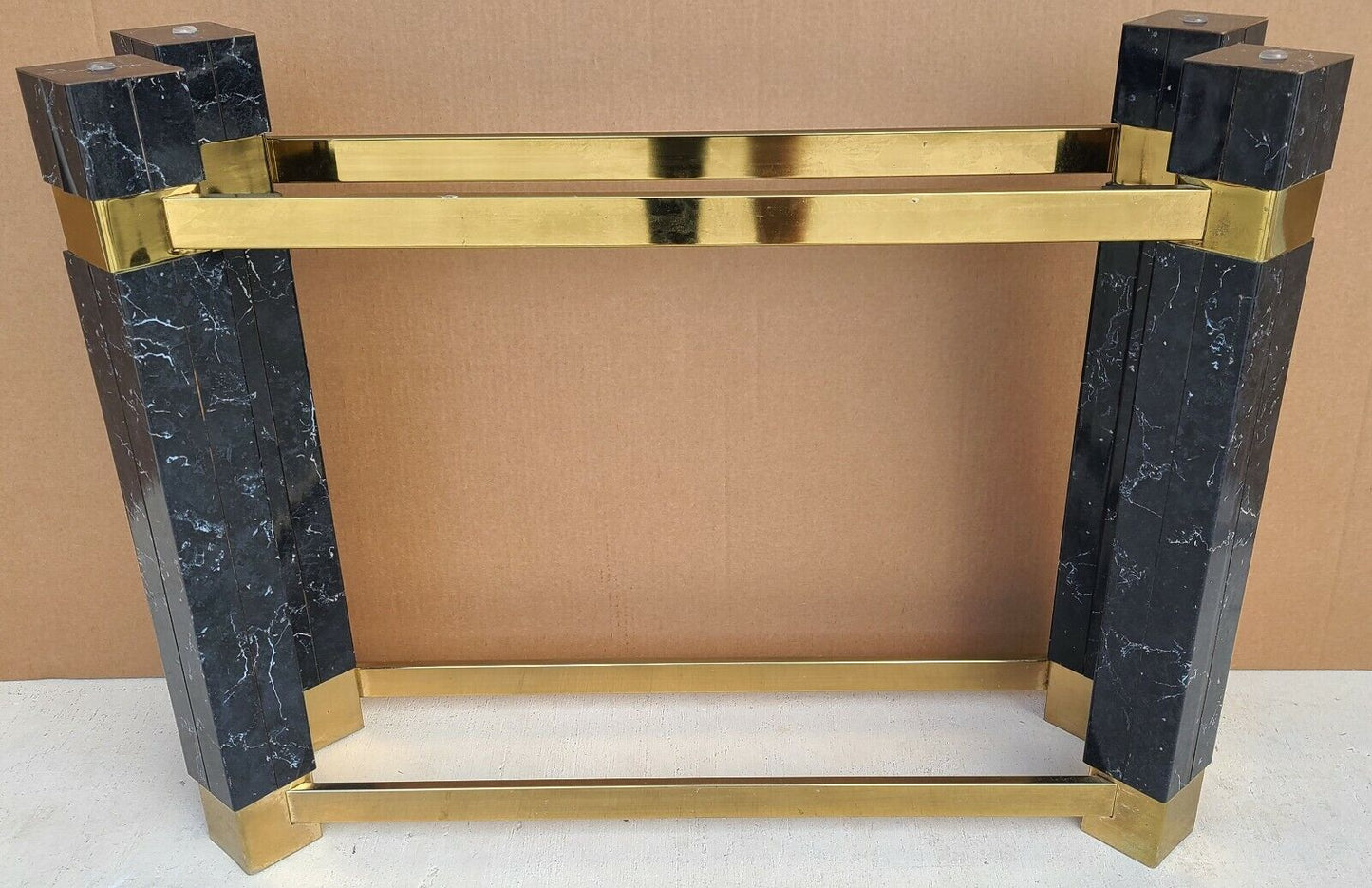 1980's Hollywood Regency Brass Faux Marble & Beveled Glass Console Table