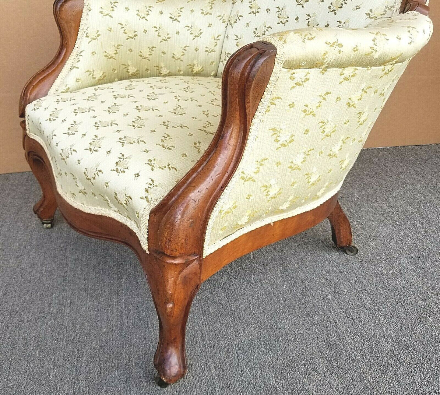 Antique 1800's Victorian Balloon Back Parlor Carved Walnut Armchair