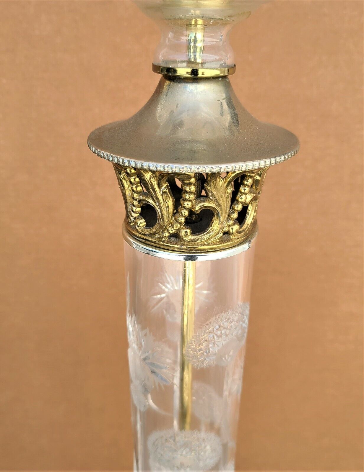 Vintage Signed Cut Thistle Pattern Lead Crystal Dual Light Floor Lamp 67"
