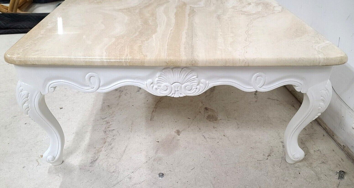 French Provincial Travertine Marble & Wood Cocktail Coffee Table