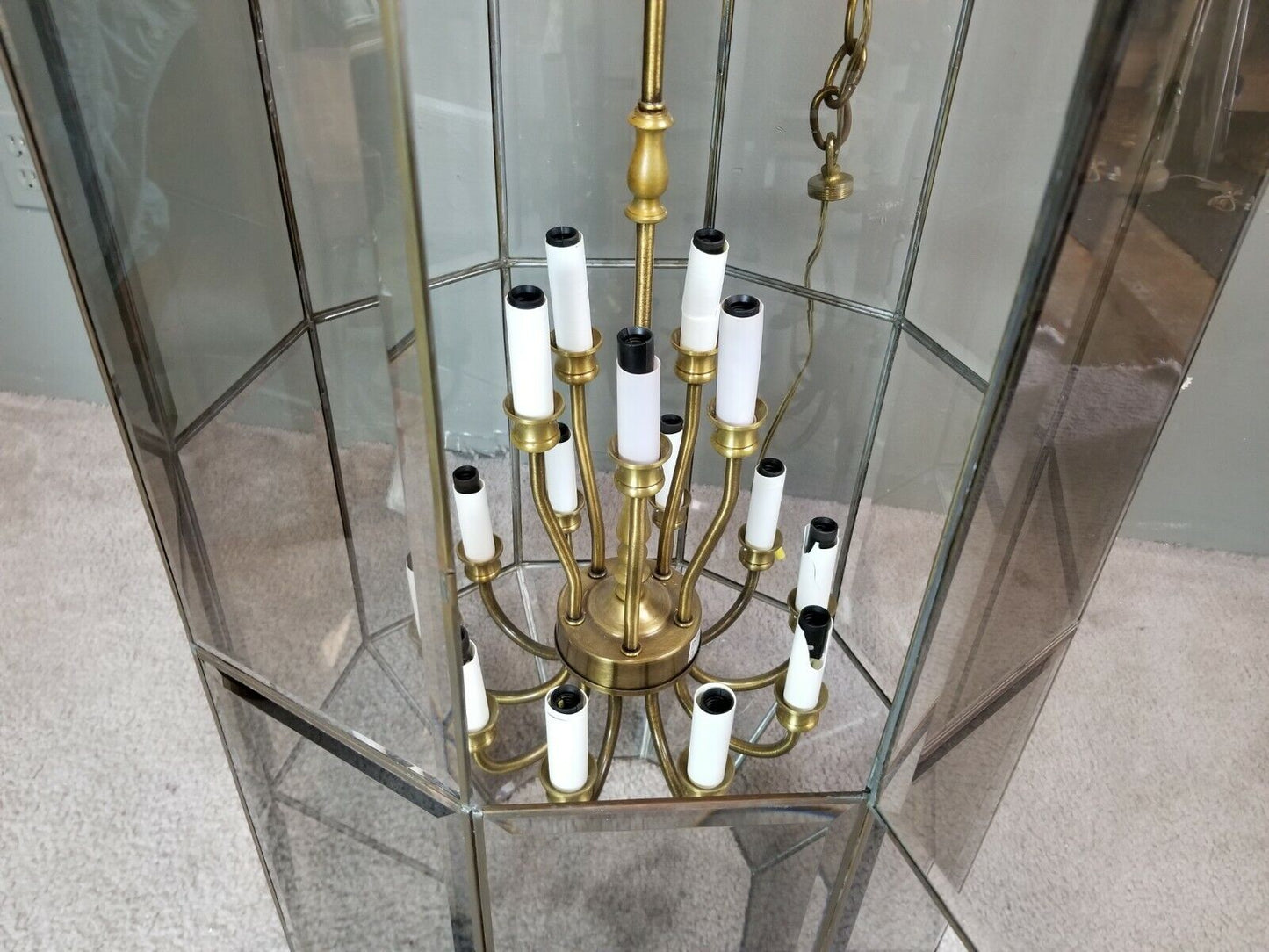 Glass & Brass Light Pendant Chandelier Beveled Leaded Clear