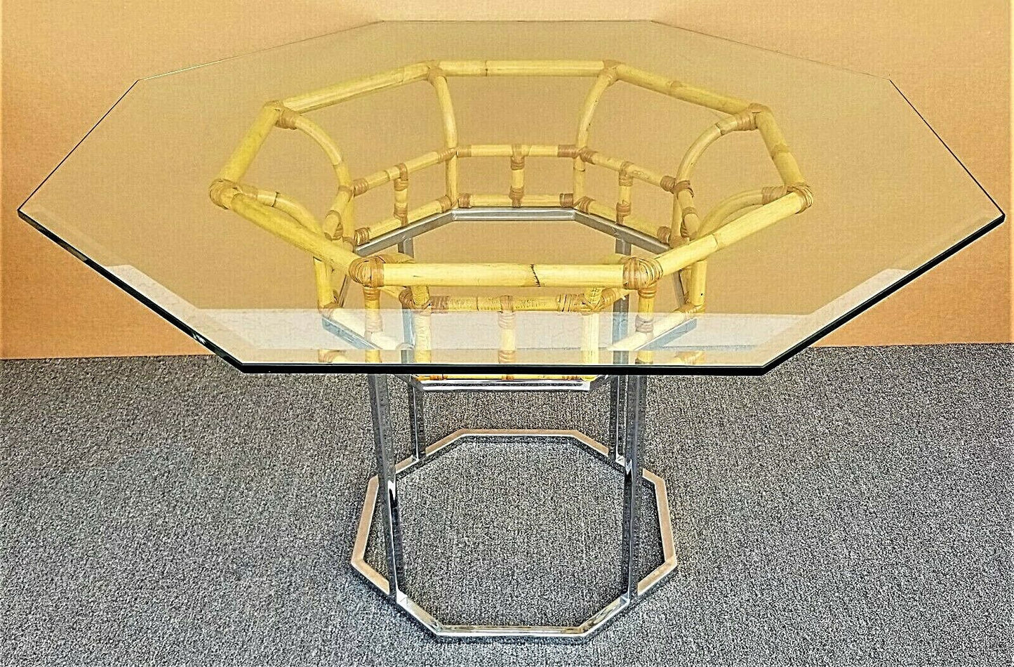 Vintage MCM Milo Baughman Style Chrome Bamboo Rattan Glass Dining Gaming Table