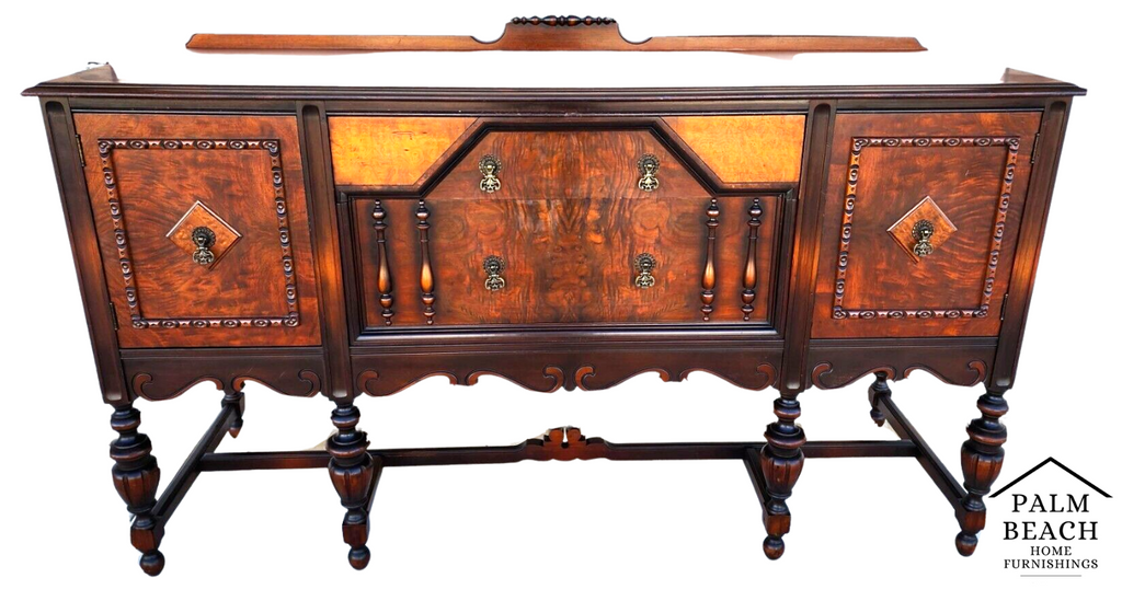 Antique Buffet Sideboard Jacobean Revival Walnut Burled Early 20th Century