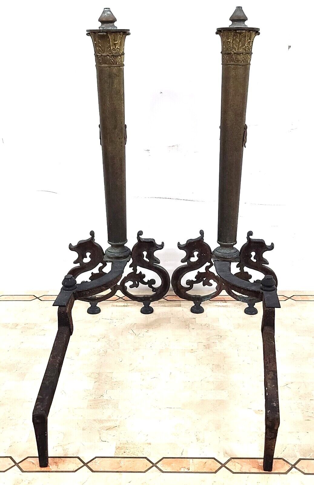 Antique Brass Dragons Fireplace Andirons - a Pair