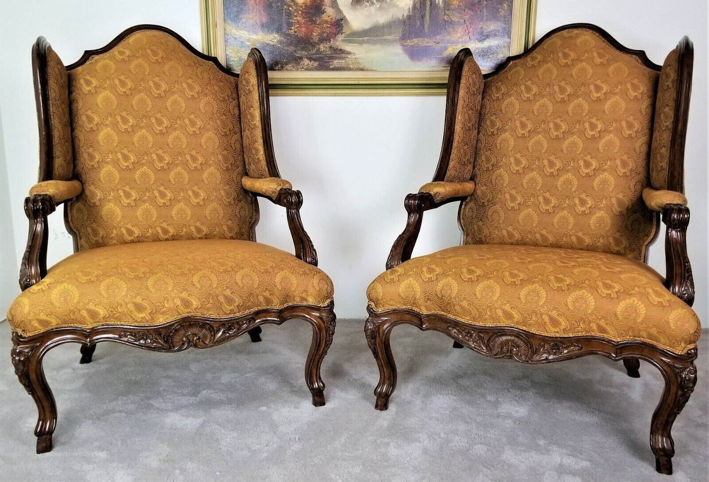 Exceptional Pair of Italian Provincial Throne Host Statement Carved Armchairs