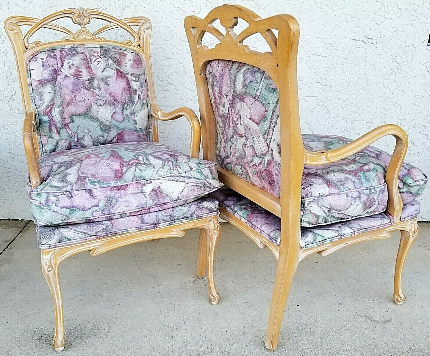 (2) French Provincial Fauteuil Carved Wood Upholstered Accent Chairs Armchairs