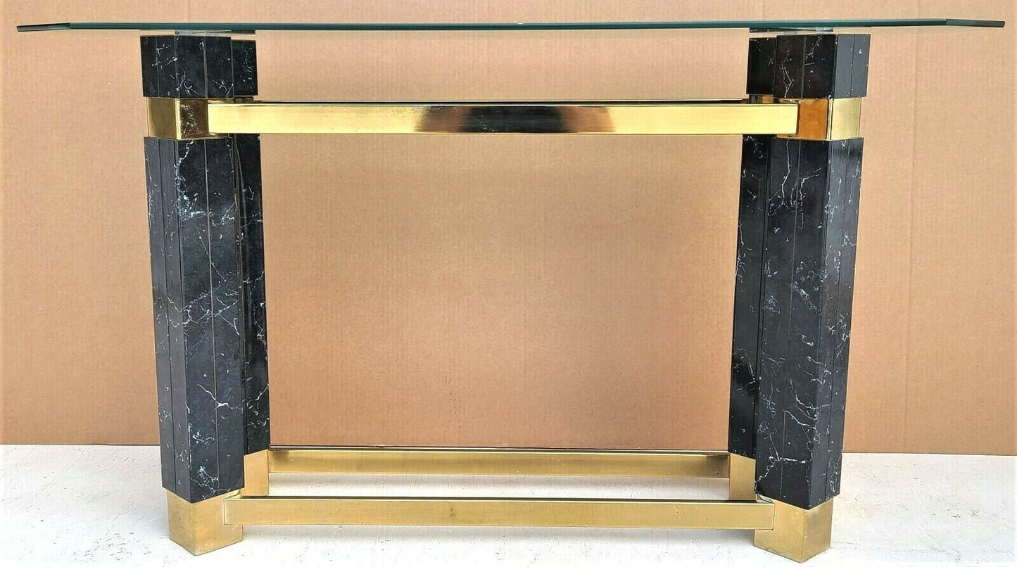 1980's Hollywood Regency Brass Faux Marble & Beveled Glass Console Table