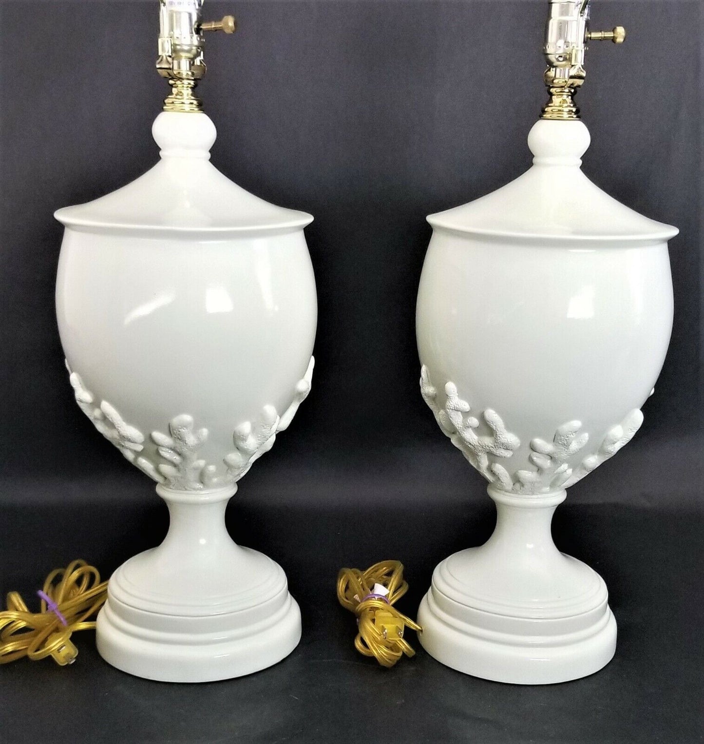 (2) Gorgeous Designer Coastal Table Lamps w/Embossed Coral and Coral Finials