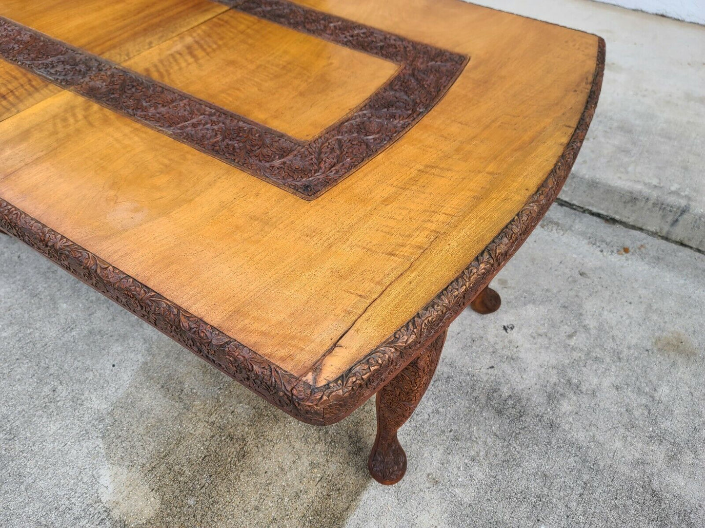 Antique c 1900's All Hand Carved Floral Design Solid Wood French Dining Table