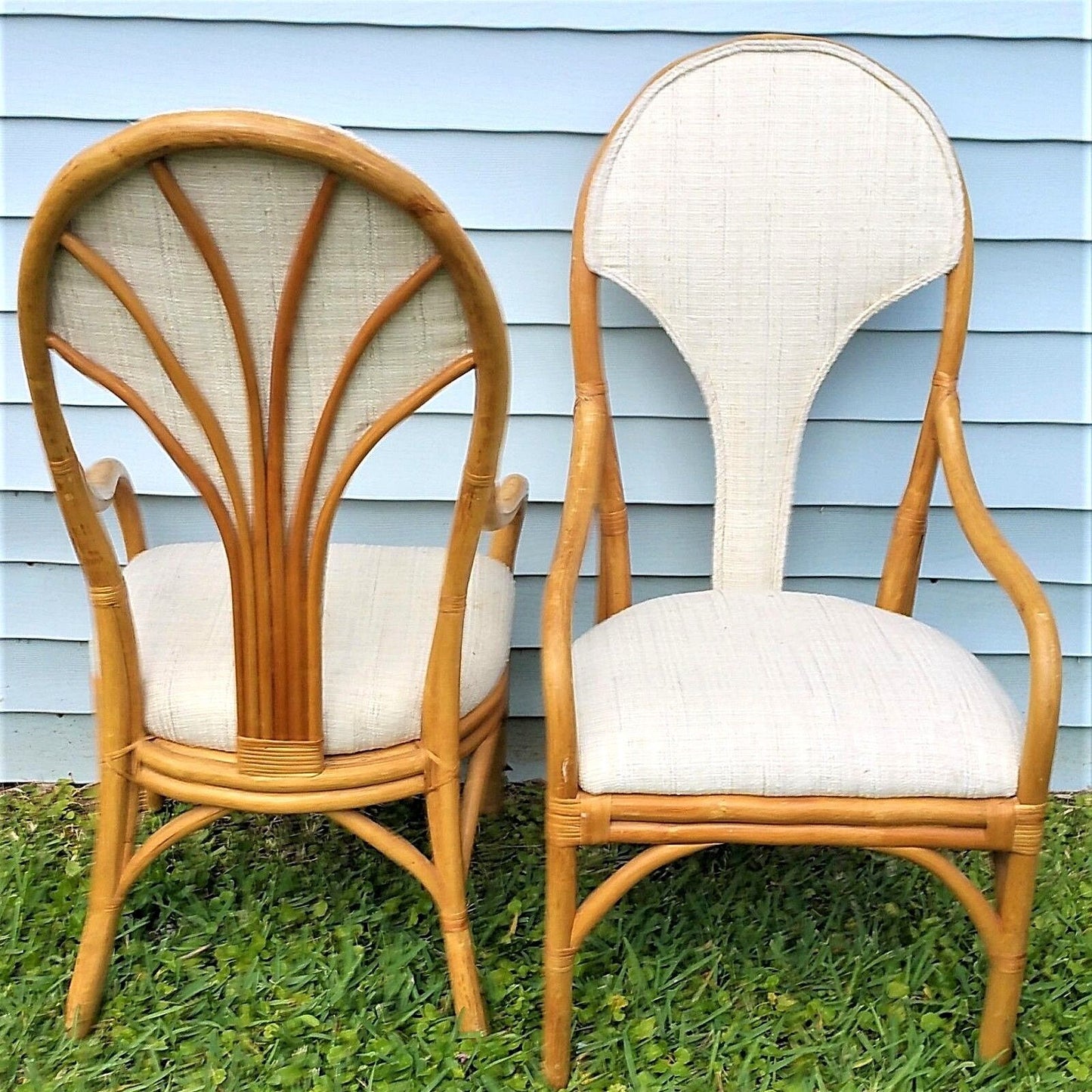 Mid Century Modern Regency Bamboo Bentwood Rattan Fan Back Armchairs - Set of 2
