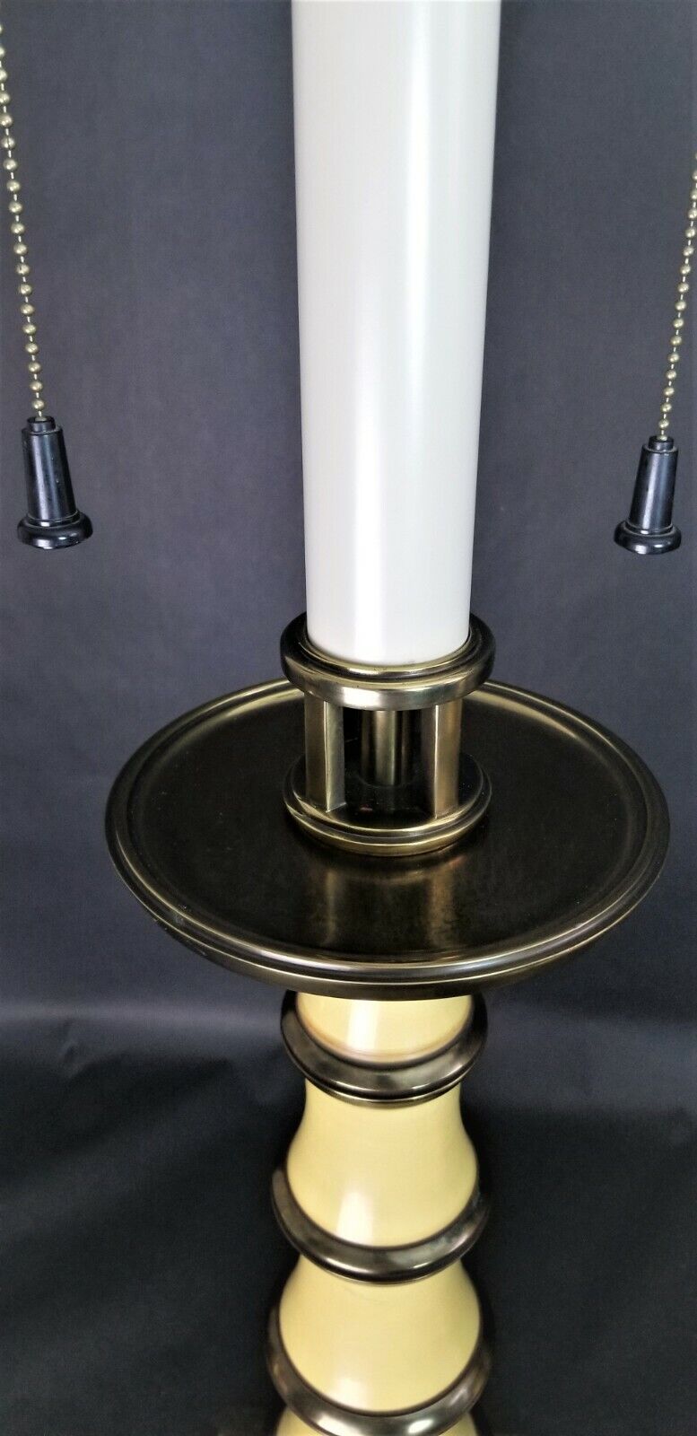 2 Vintage STIFFEL Enamel and Brass Candlestick Lamps with Dupioni Silk Shades