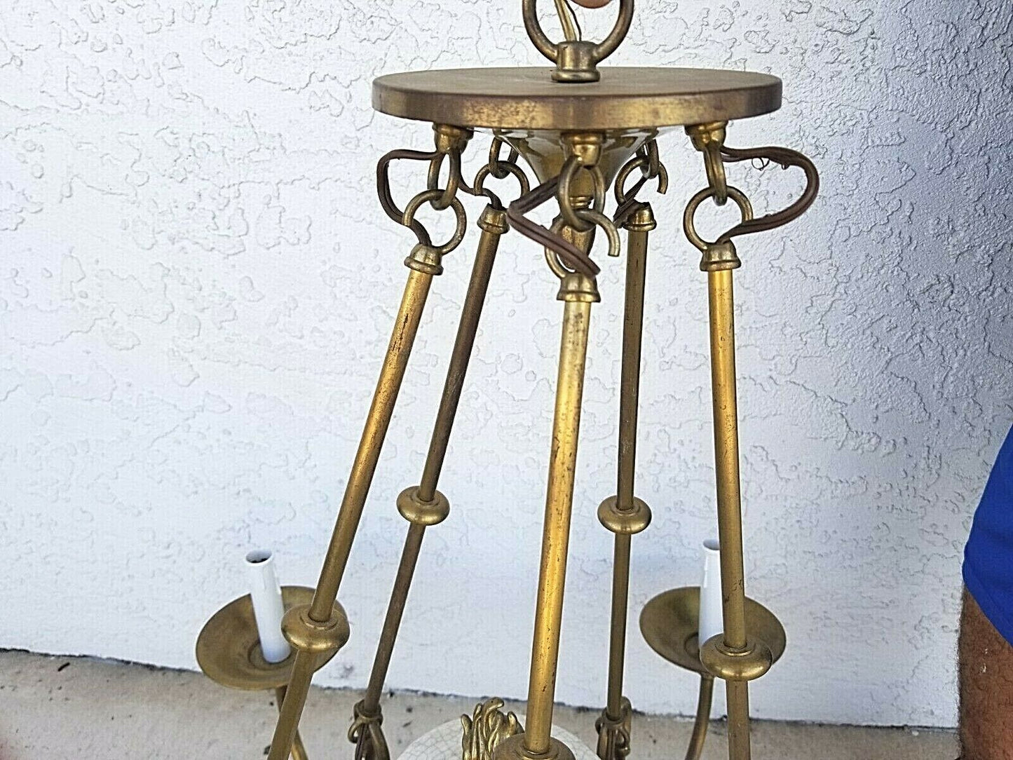 Vtg French Empire Brass Swans 5 Light Ceramic Urn Style Chandelier