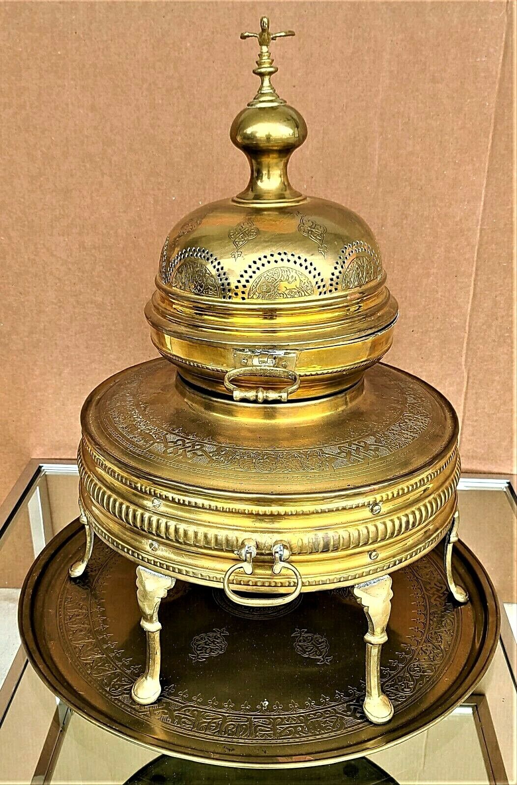 Large 30" Antique c 1900 Arabic Fire Pit Ceremonial Brazier with Matching Tray