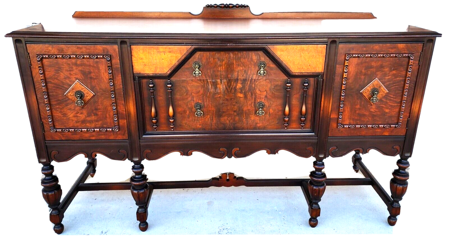 Antique Buffet Sideboard Jacobean Revival Walnut Burled Early 20th Century