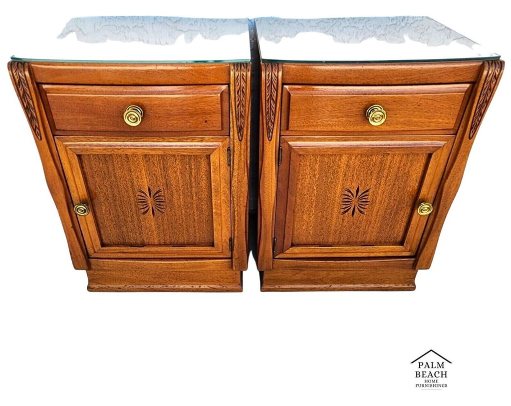 Vintage Nightstands Solid Wood Glass Tops