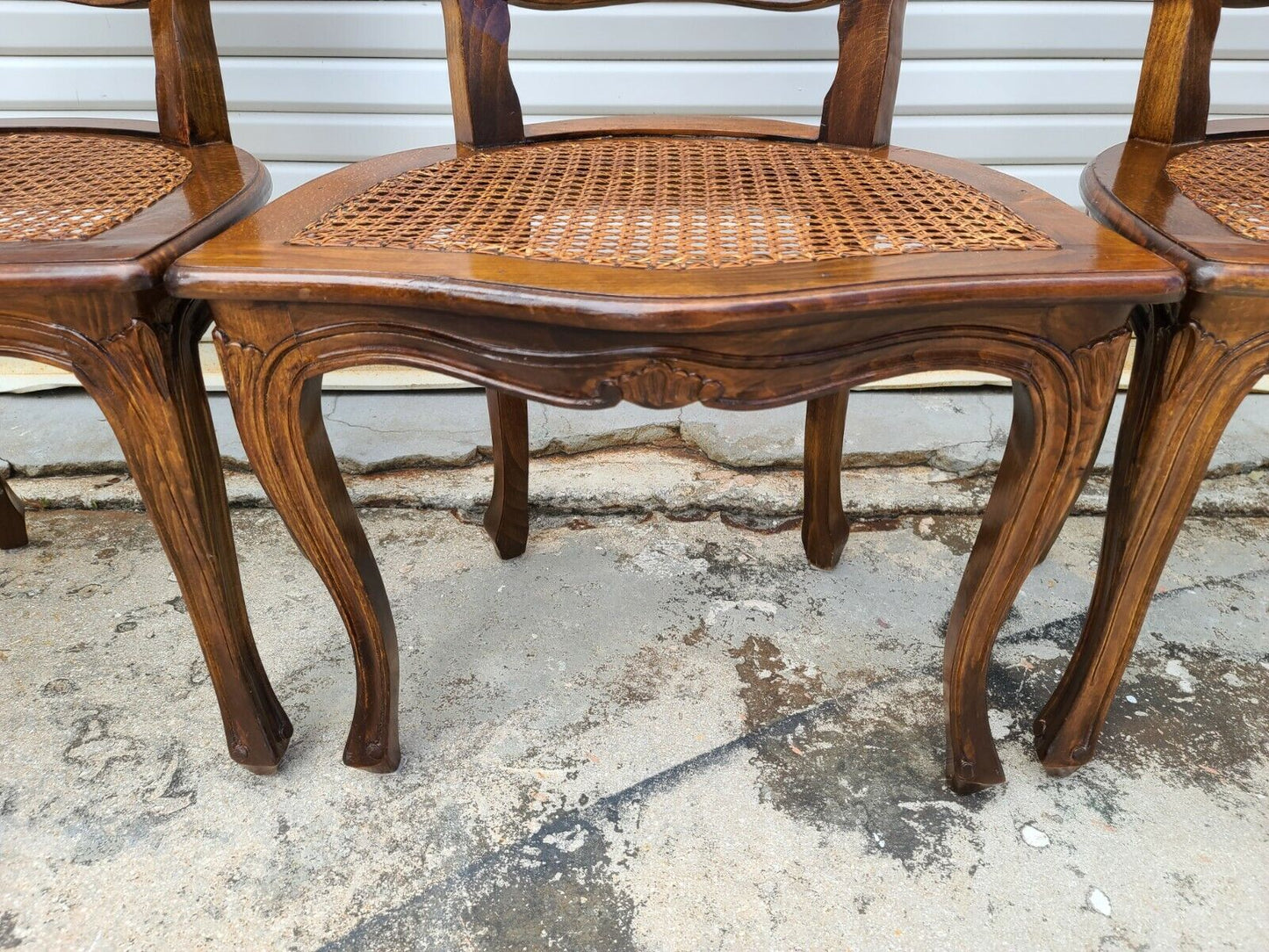 Antique Early 1900's French Provincial Cane Walnut Dining Chairs - Set of 6