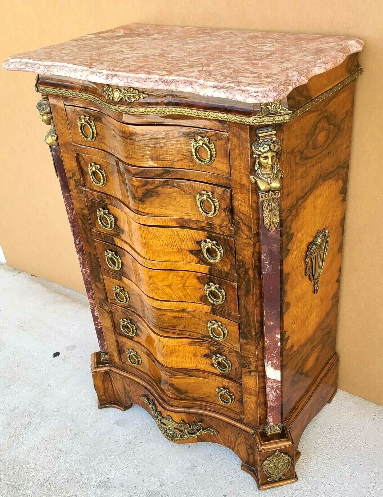 French Louis XV Marble Top Chest Dresser TV Stand with Gilt Ormolu Mounts