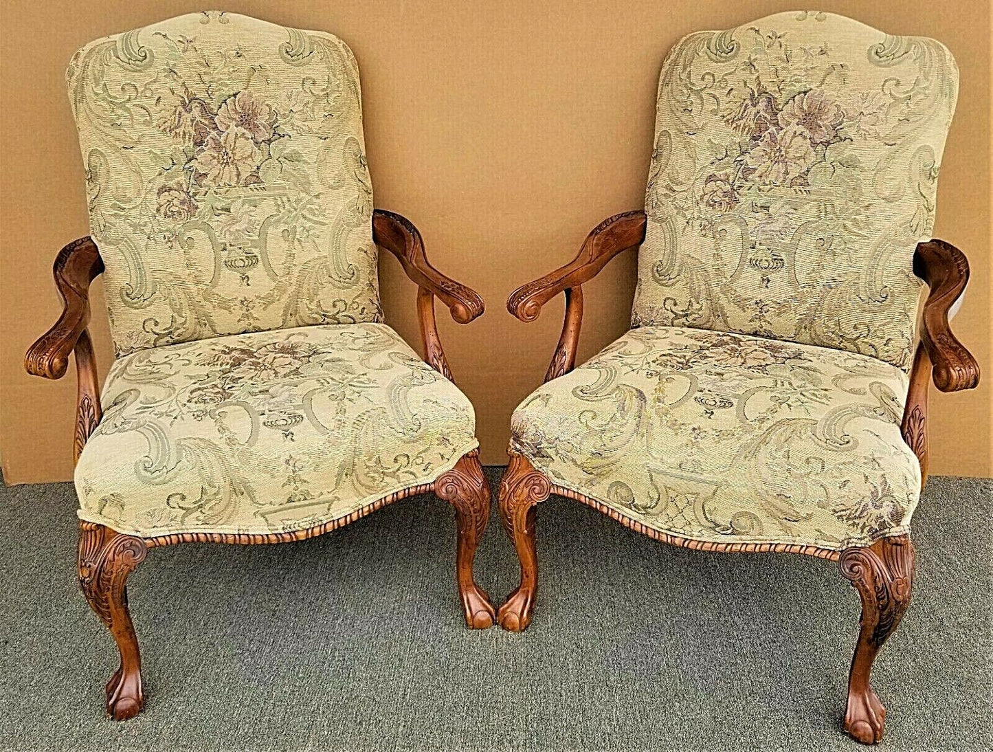 2 Chippendale Style Ball & Claw Tapestry Armchairs by CENTURY FURNITURE CO