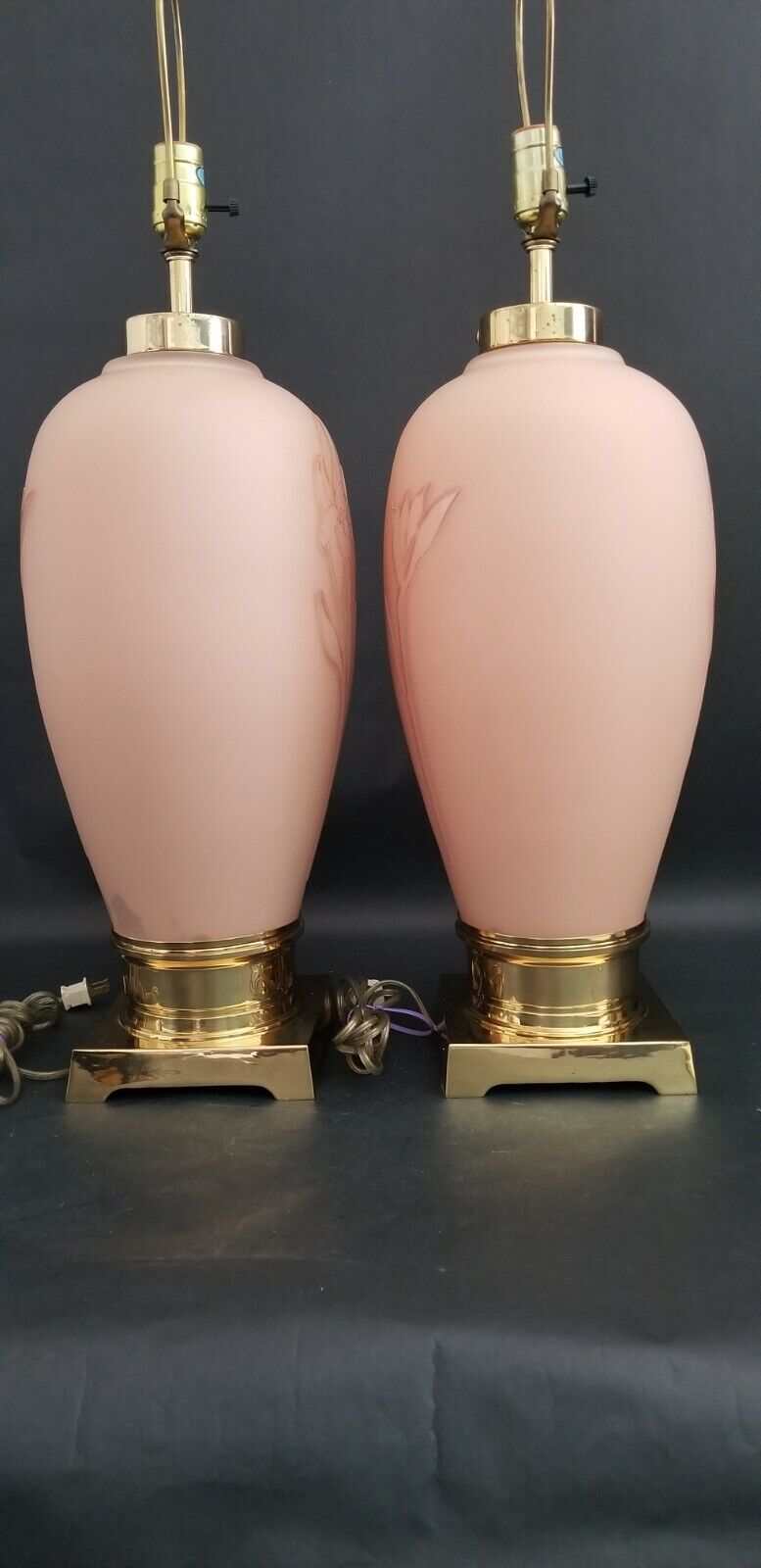 Signed VIANNE GLASS France Art Deco Floral Relief Table Lamps - A Pair