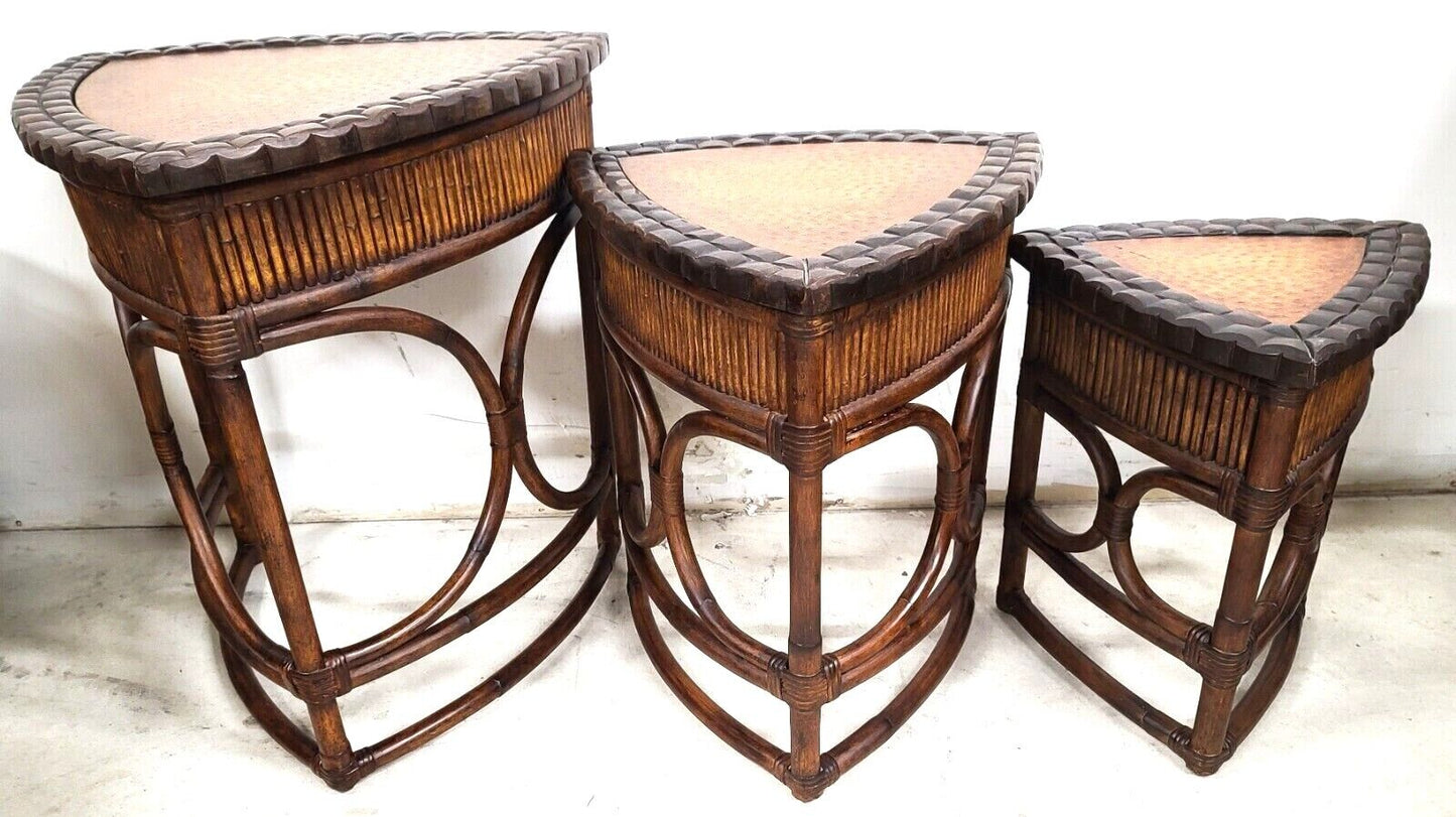 (3) Vintage Bamboo Rattan Coconut Shell Ostrich Nesting Tables