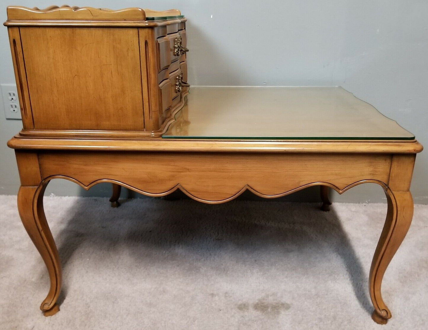 2 Vintage WHITE FURNITURE Co French Provincial Cherry End Tables Nightstands w Glass