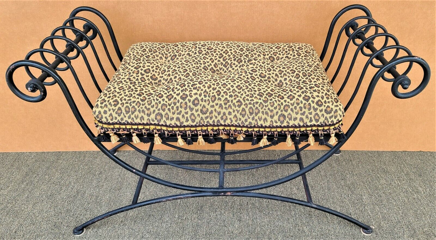 Vintage Italian Scrolled Wrought Iron Bench with Tasseled Faux Leopard Cushion