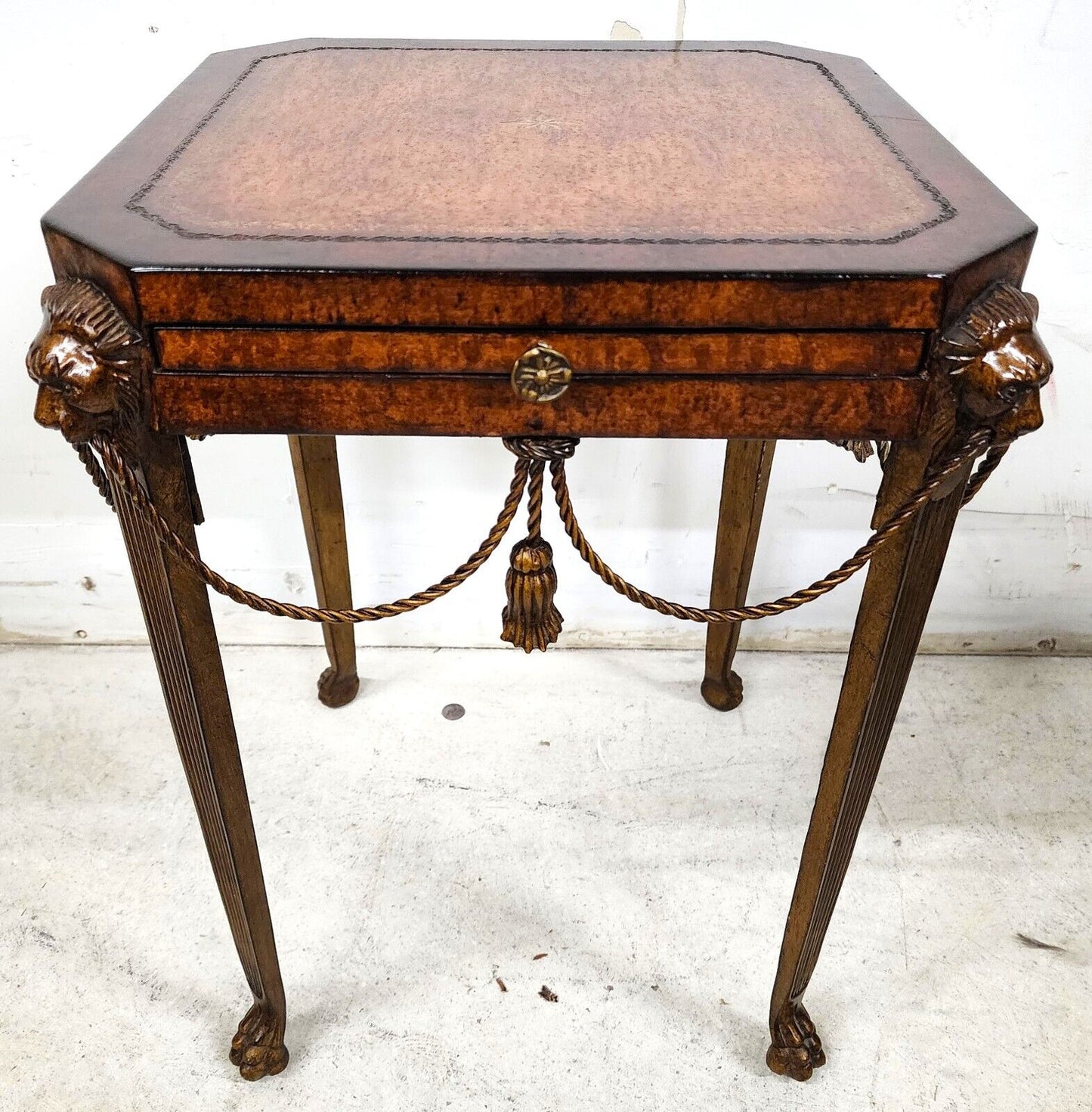 Maitland Smith Style Bronze Lions Rope & Tassel Side Drink Table